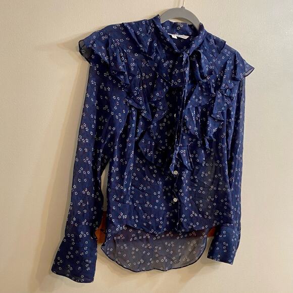 Veronica Beard Finley Silk Ruffle Tie Neck Blouse Dark Blue Floral Women’s Sz 0 - Picture 13 of 16